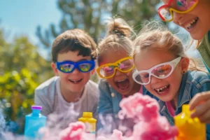 Four young children wearing colorful safety glasses laughing and cheering with excitement as they watch a pink foam chemical reaction during a hands-on science activity at LAE Kids camp.