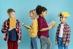 A diverse group of children sitting together and reading books in a cozy, bright classroom at LAE Kids in Madrid.