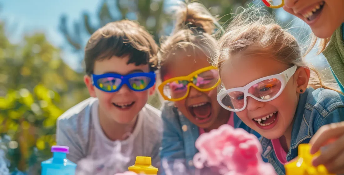 Four young children wearing colorful safety glasses laughing and cheering with excitement as they watch a pink foam chemical reaction during a hands-on science activity at LAE Kids camp.